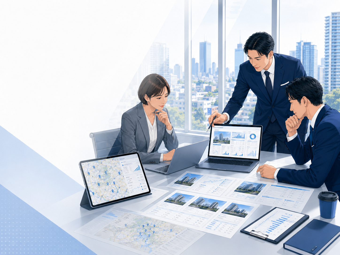 買取再販会社の仕入れ会議で物件比較ダッシュボードを確認するイメージ