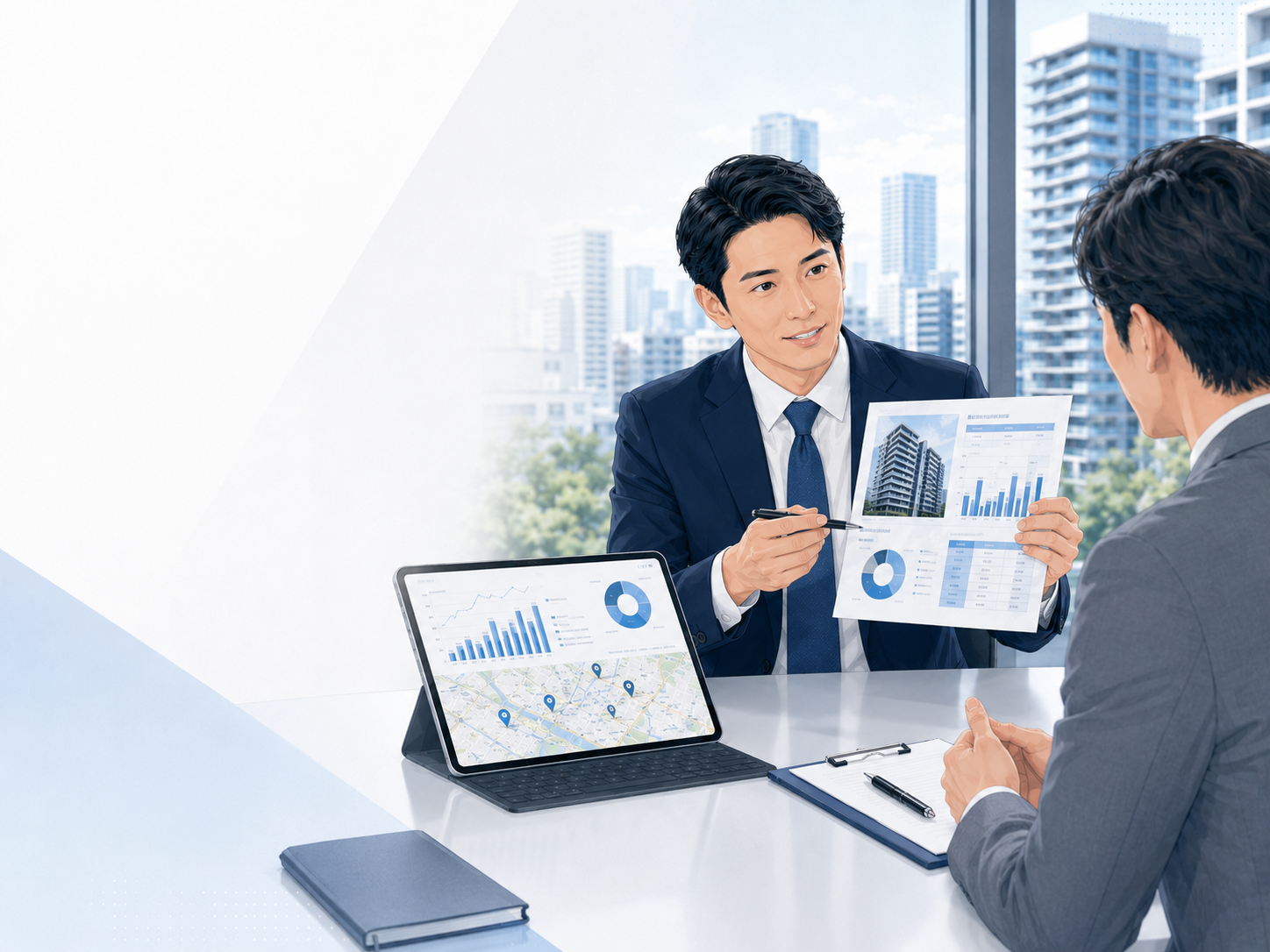 売買仲介会社の営業担当者が査定資料を説明するイメージ